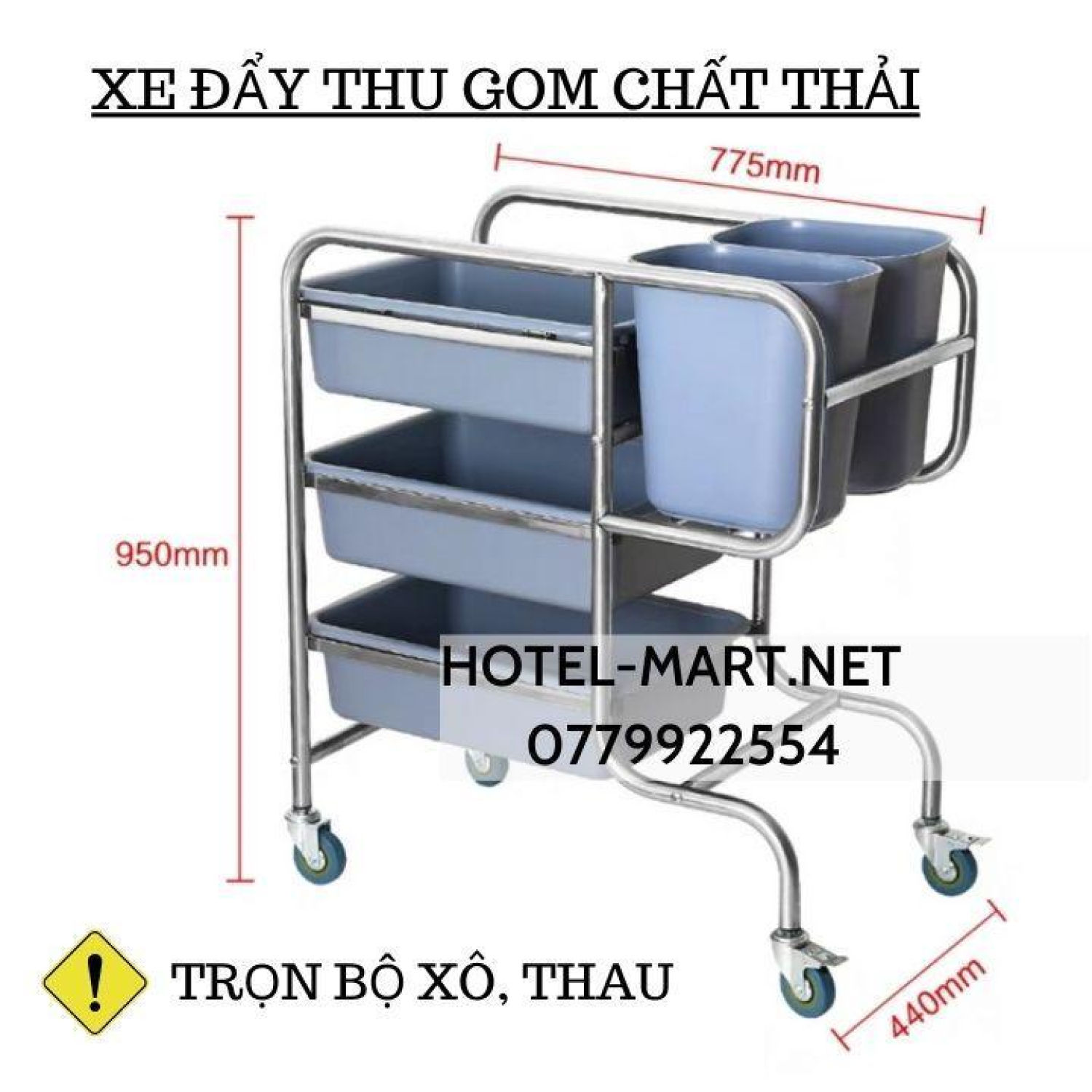 Xe đẩy thu gom thức ăn thừa, Xe thu gom chén dĩa khung inox