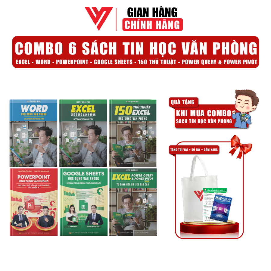 Combo 6 sách Word, Excel, PowerPoint, Google Sheets, 150 TT, Power Query ứng dụng văn phòng