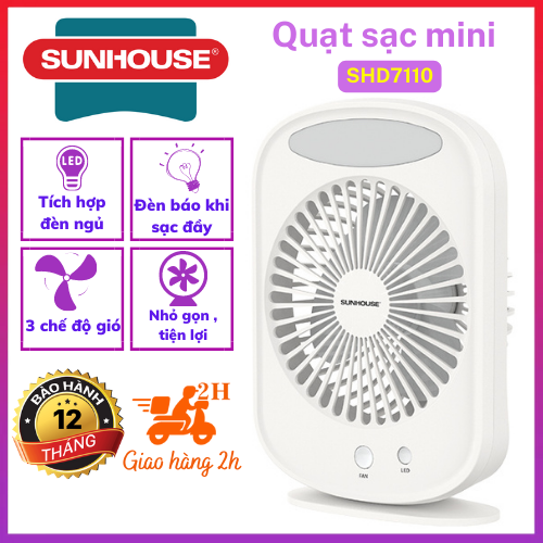 Quạt sạc mini sunhouse shd7110 - quạt tích điện , tích hợp đèn ngủ , pin trâu - chính hãng - bảo hành 12 tháng