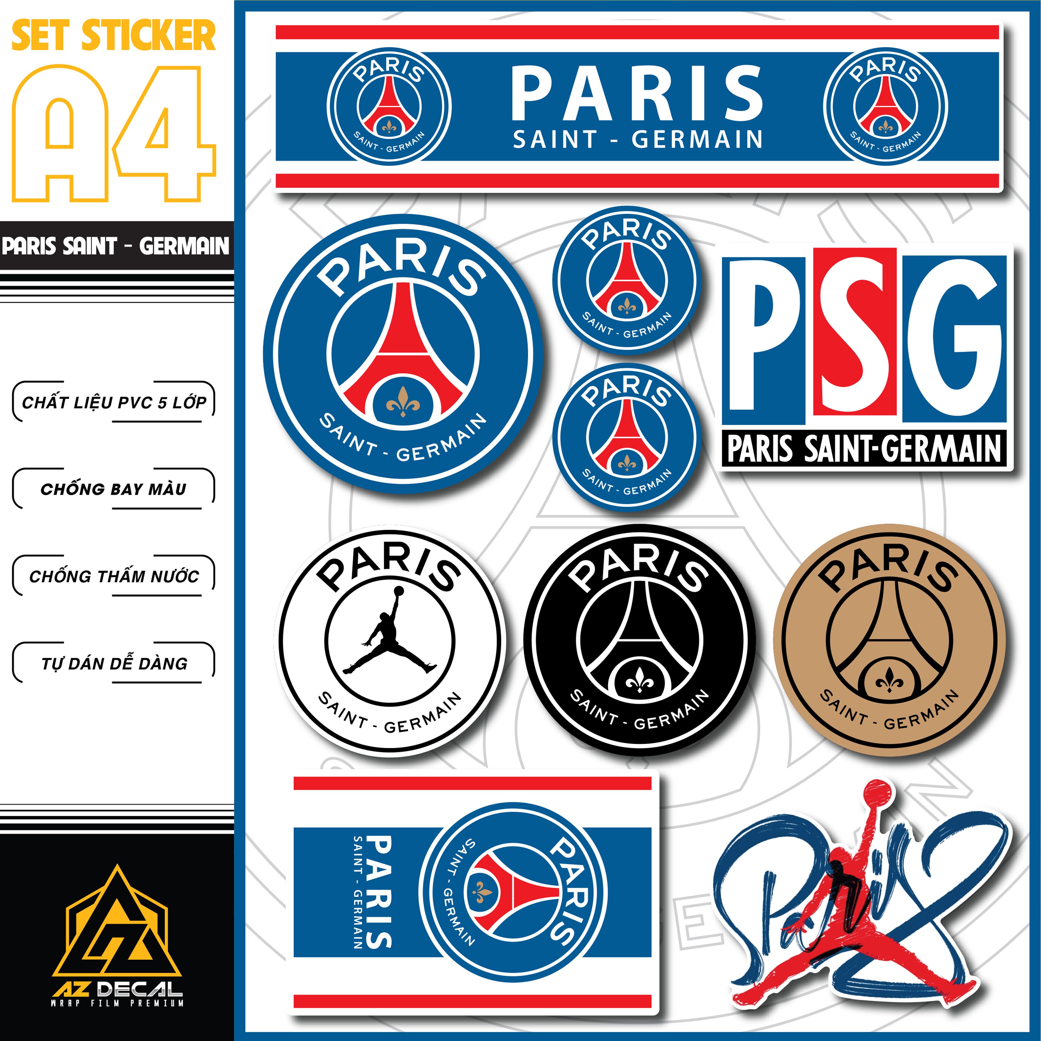 Sticker Bóng Đá Paris Saint - Germain Dán Tem Xe, Dán Nón, Điện Thoại,...