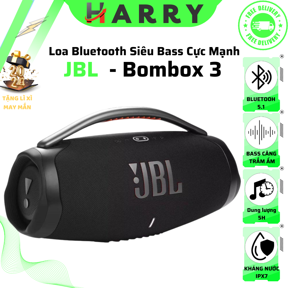 { Bản Quốc Tế } Loa Bluetooth JBL Bombox 3 (100W){ 2023}- Loa Nghe Nhạc Âm Thanh Siêu Bass Cực Mạnh Chống Nước IPX7 Loa Karaoke Công Suất Cực Lớn Loa Nghe Nhạc Treble Rời Thời Gian Sử Dụng 24h .HARRY MALL