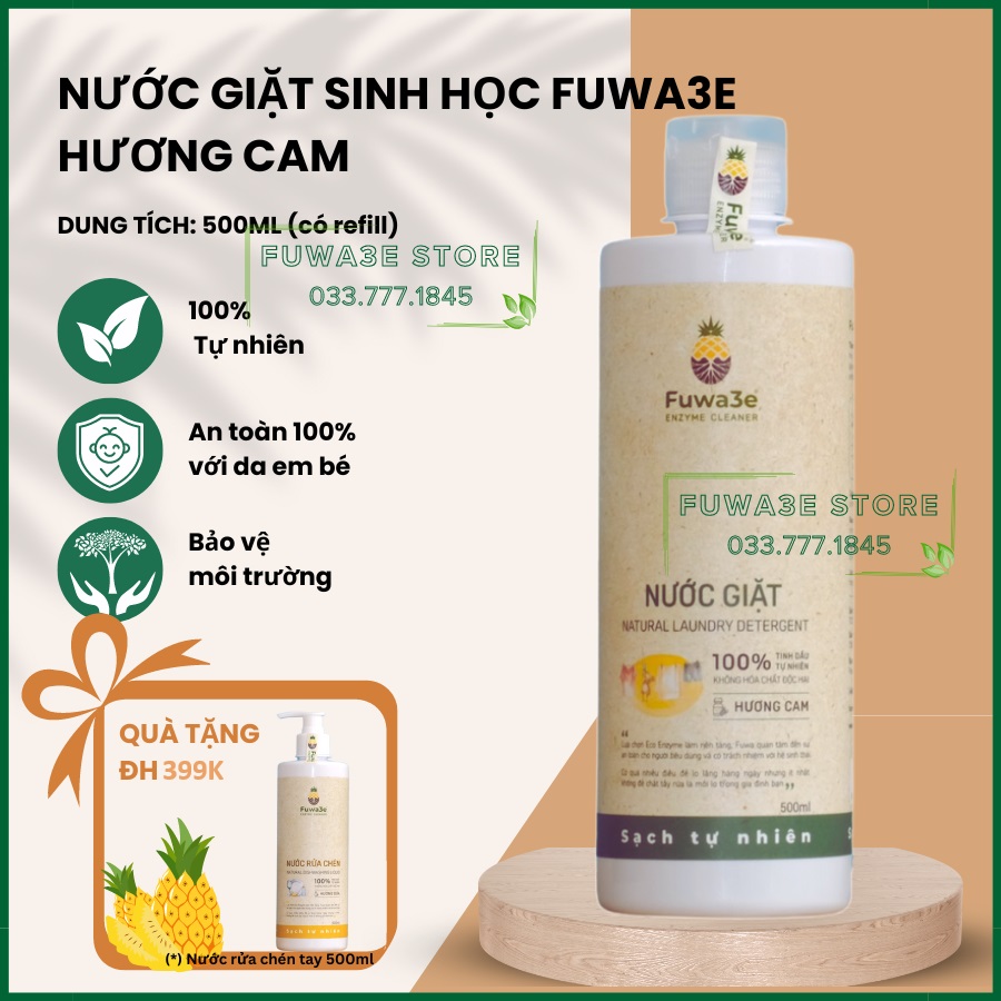 Nước giặt sinh học Fuwa3E hương cam 500ml, an toàn cho da nhạy cảm, phù hợp mọi loại đồ, đồ lót, đồ cho trẻ sơ sinh, bảo vệ môi trường - Fuwa3e Store HaNoi