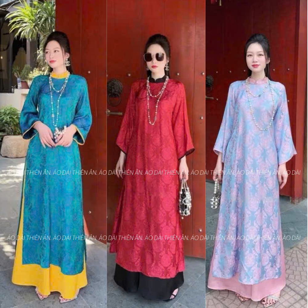 Áo dài cách tân gấm mềm tay lỡ dáng suông cổ tay phối màu