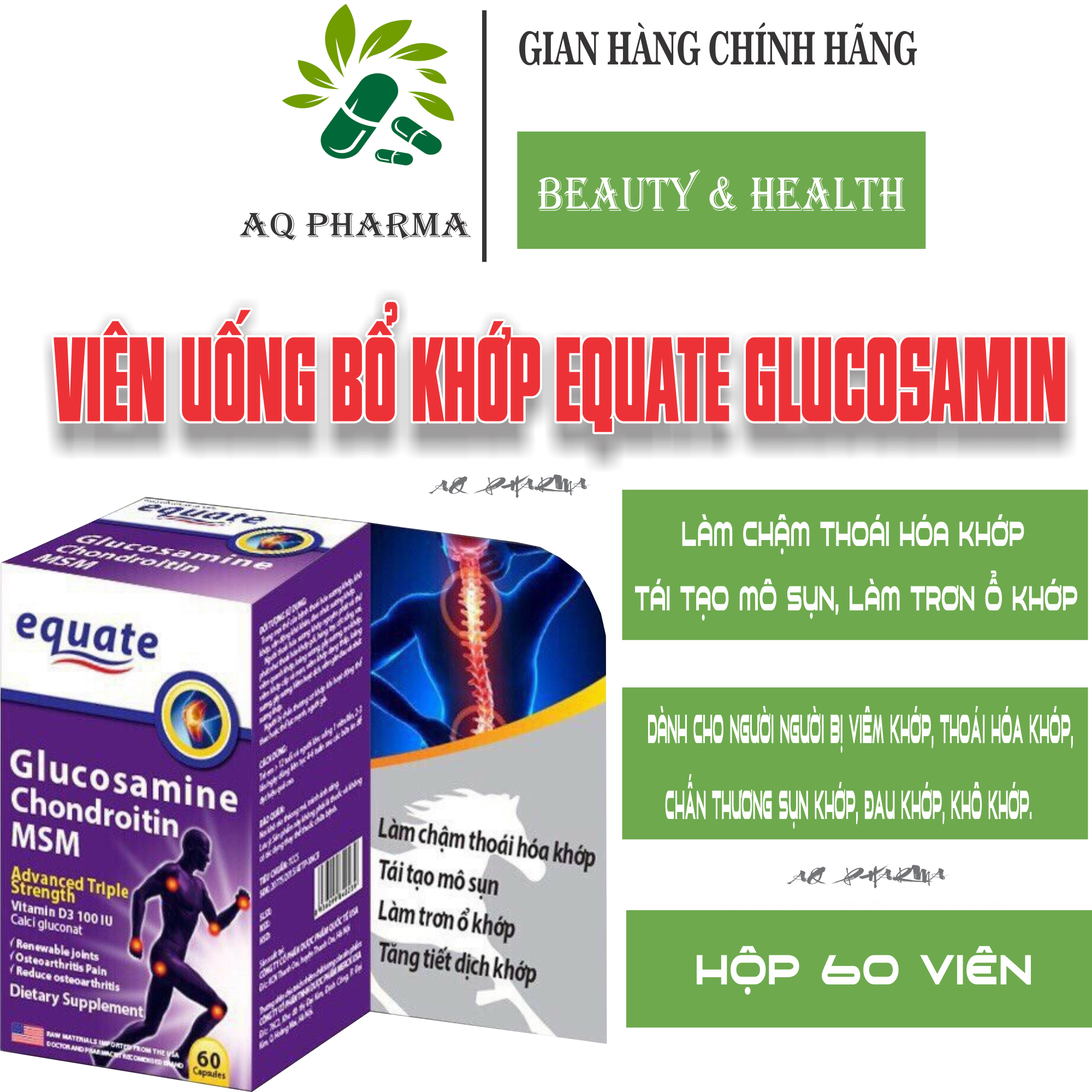 Viên Uống Bổ Xương Khớp Equate Glucosamin giảm đau nhức mỏi xương khớp, tái tạo mô sụn, tăng tiết dịch khớp - Hộp 60 viên Chuẩn GMP Bộ Y Tế