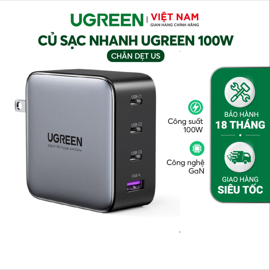 Củ sạc ugreen nexode 100w 4-port pd gan cd226 dành cho laptop, điện thoại