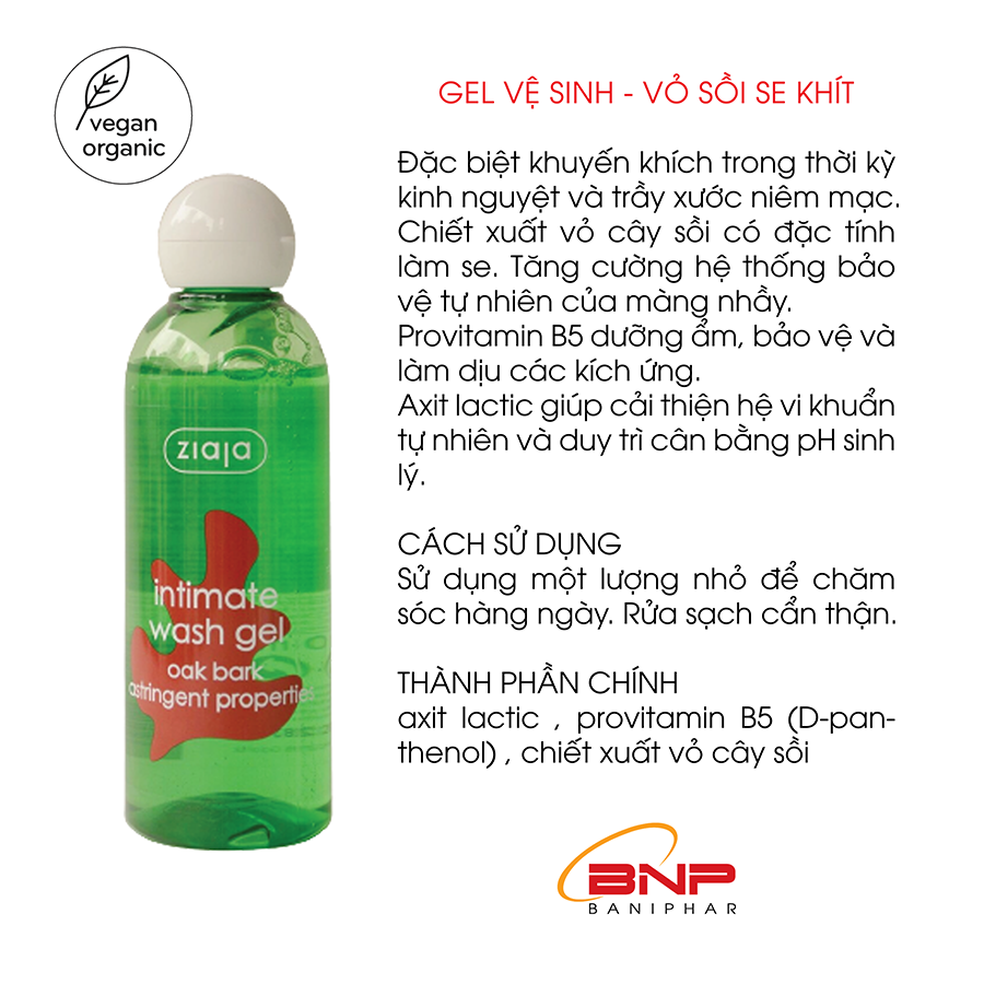Dung dịch vệ sinh phụ nữ Intimate Vỏ Sồi Se khít 200ml