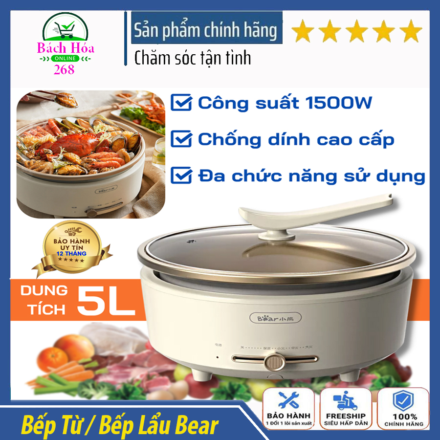 Nồi lẩu bear dung tích 5l, công xuất 1500w, nồi lẩu điện đa năng, nồi điện mini, nồi lẩu điện, chiên-xào-lẩu