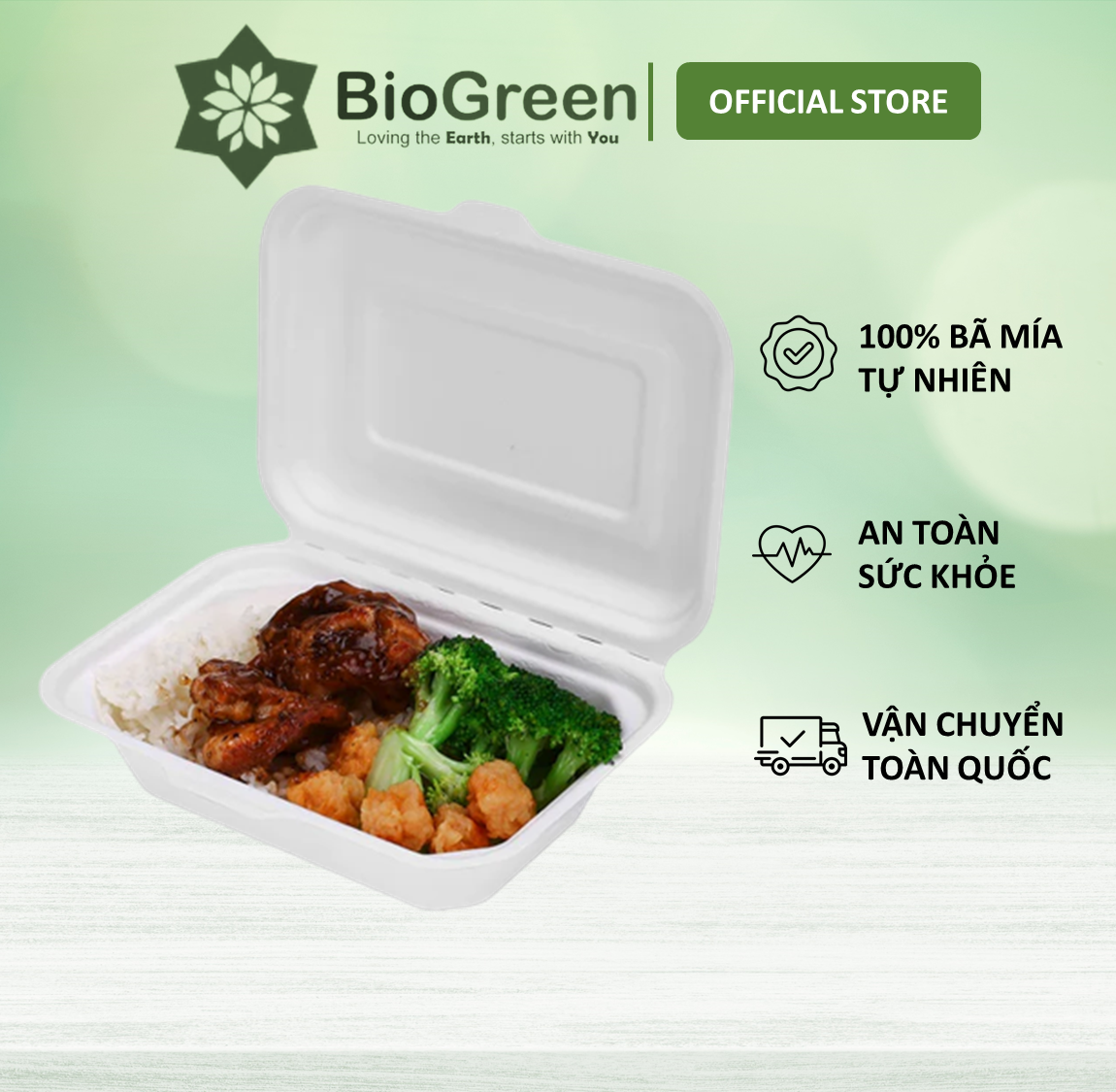 50 hộp bã mía 1 ngăn 600ml, hộp bento đựng thức ăn mang đi
