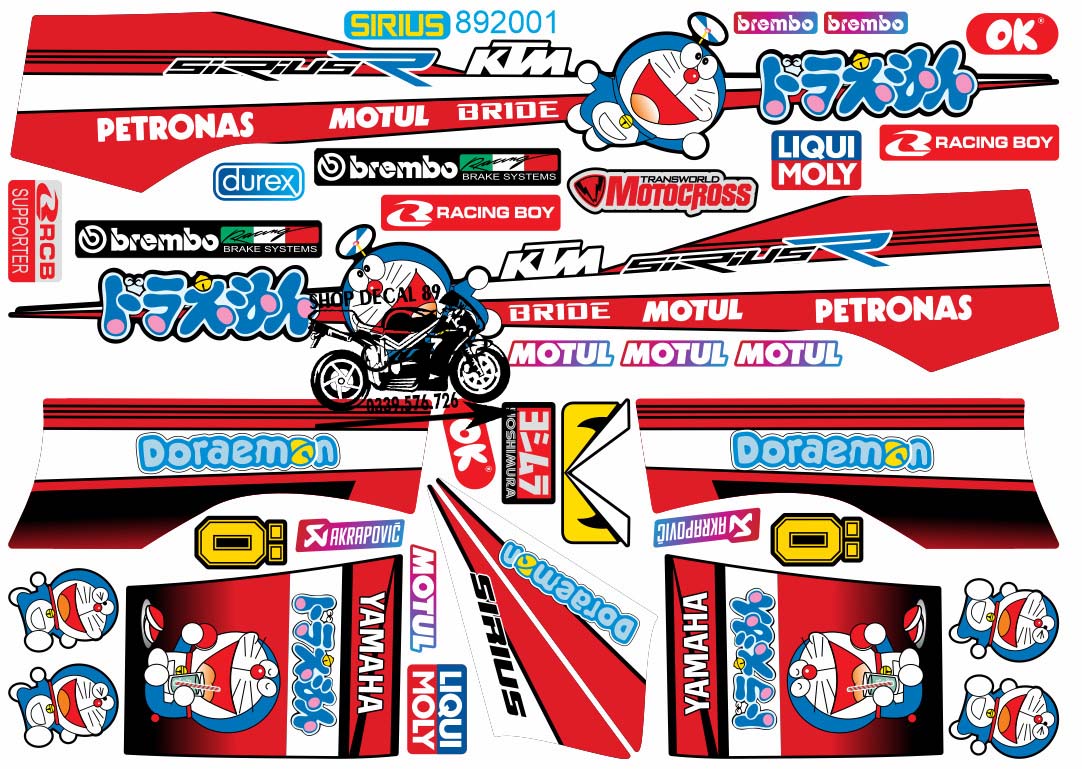 Tem Rời 3 Lớp SIRIUS MẪU DOREMON ĐỎ ĐEN MS 892001 - Dán Cho Sirius Xăng Cơ