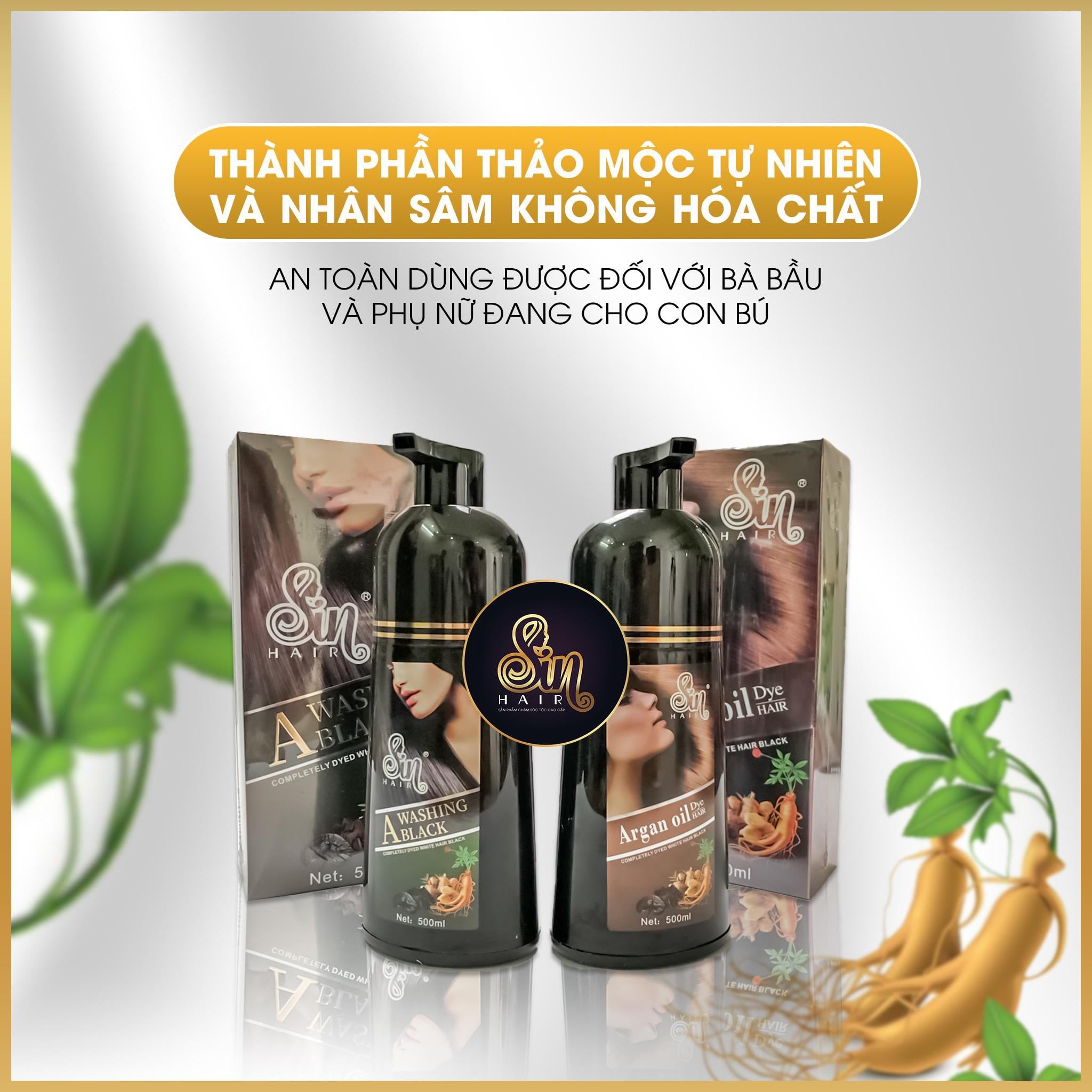 [HCM]Dầu gội phủ bạc Sin Hair tinh chất nhân sâmgiúp phủ bạc màu tóc chỉ sau 1 lần gội. Gồm có 2 màu Đen và Nâu. chai 500ml