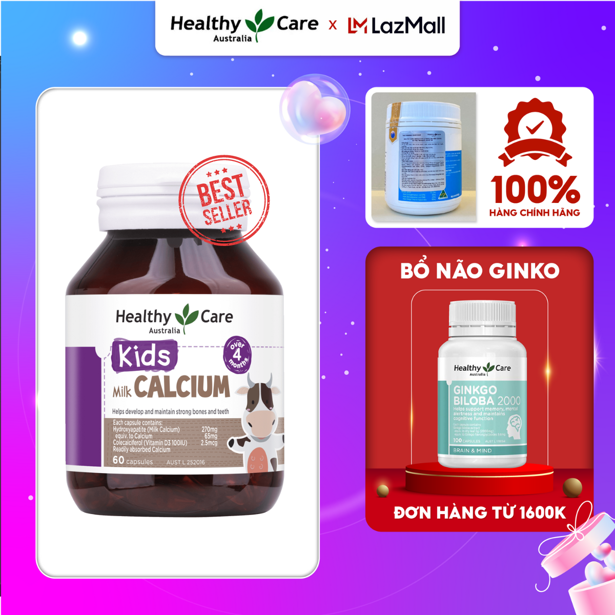 Canxi Healthy Care cho bé 60 viên của Úc – Milk Calcium Healthy care 60 capsules