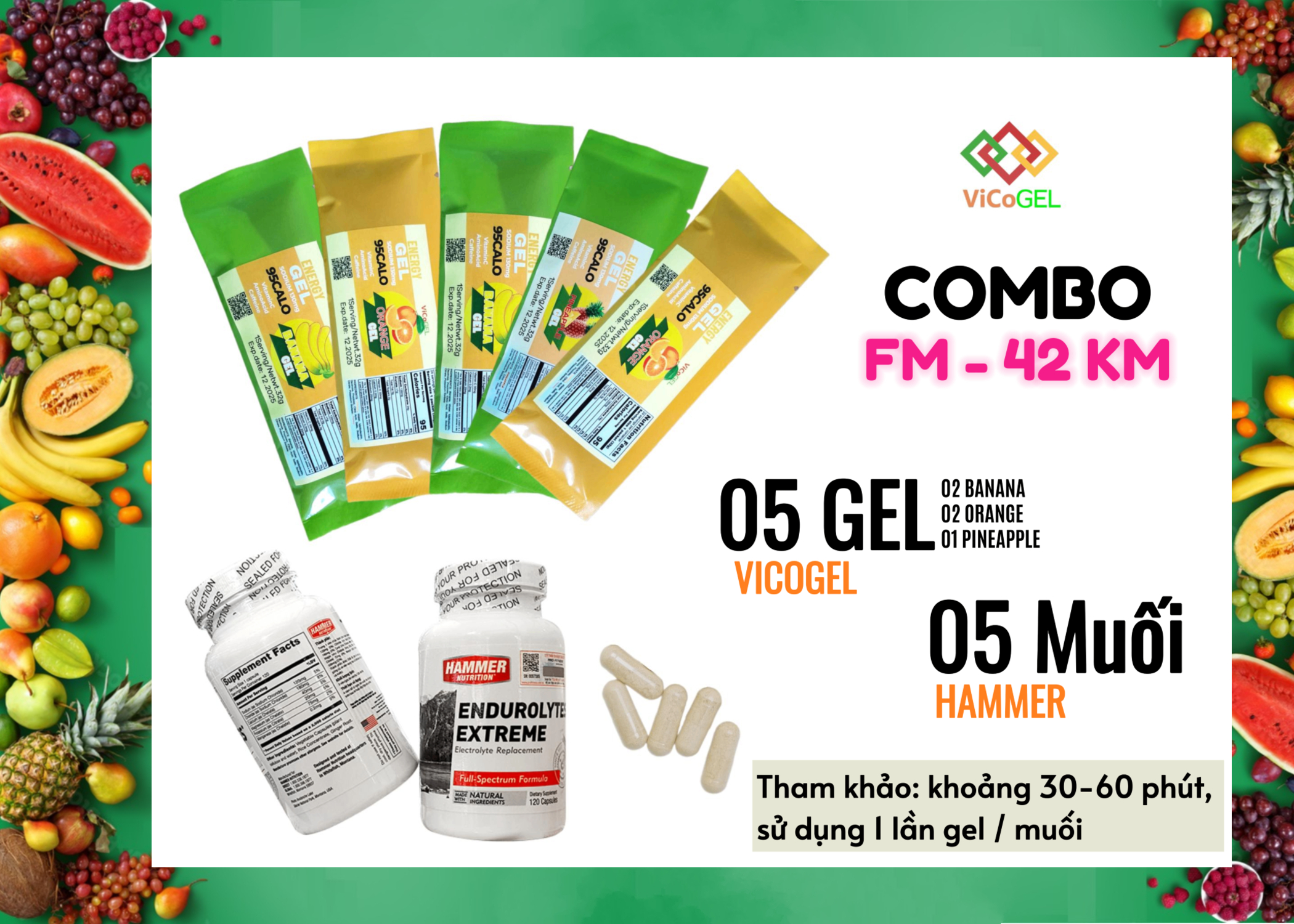 Combo năng lượng Gel Muối 42km (5 Gel Vico + 5 Muối Hammer)