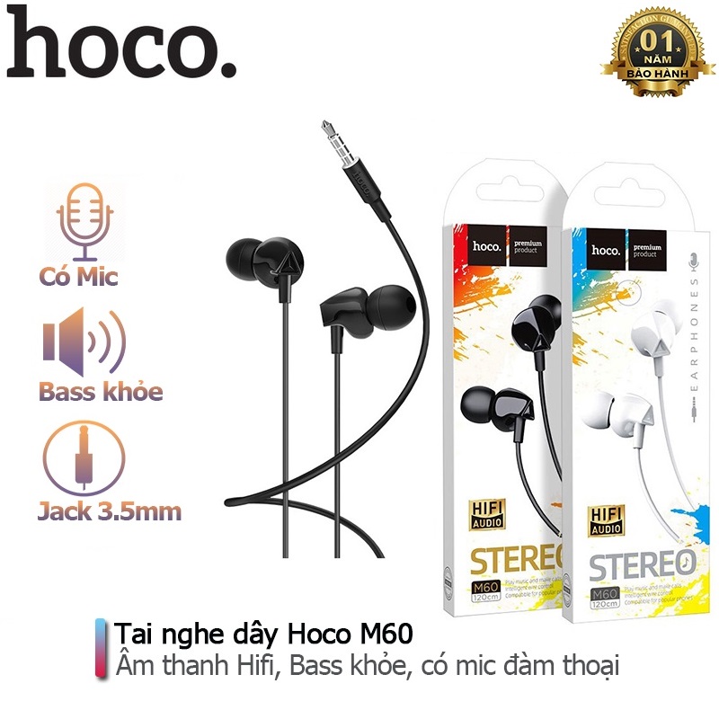 Tai nghe dây nhét tai Hoco M60 chính hãng có míc đi kèm dùng cho các điện thoại