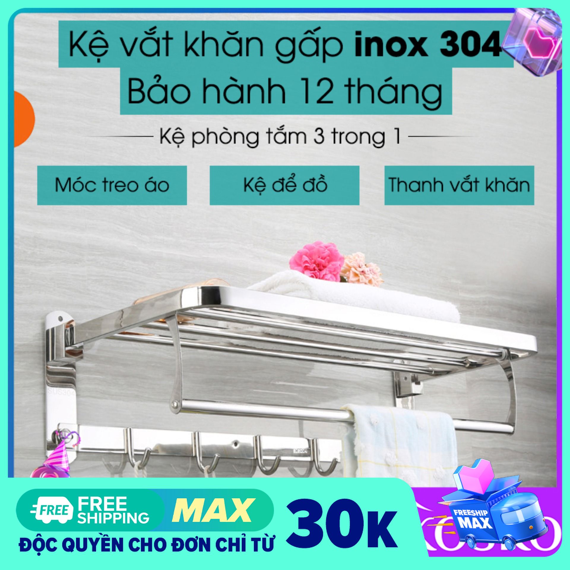 Kệ vắt khăn phòng tắm Gấp Đứng Inox SUS 304 Loại Dày - Nặng 1,2kg cao cấp Không Han Gỉ (Bảo hành 2 năm - 1 đổi 1 trong vòng 7 ngày)