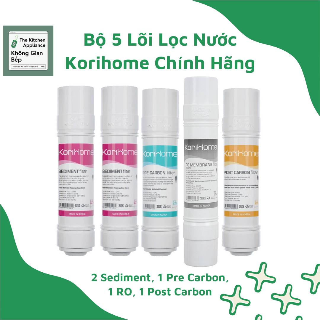 (Sale) Bộ 5 Lõi Lọc Nước Korihome Chính Hãng Made In Korea Dùng Cho Các Model WPK Series (WPK 812, WPK 816, WPK 838...) - Hệ Lõi Lọc Cắm Nhanh Khép Kín Vô Trùng