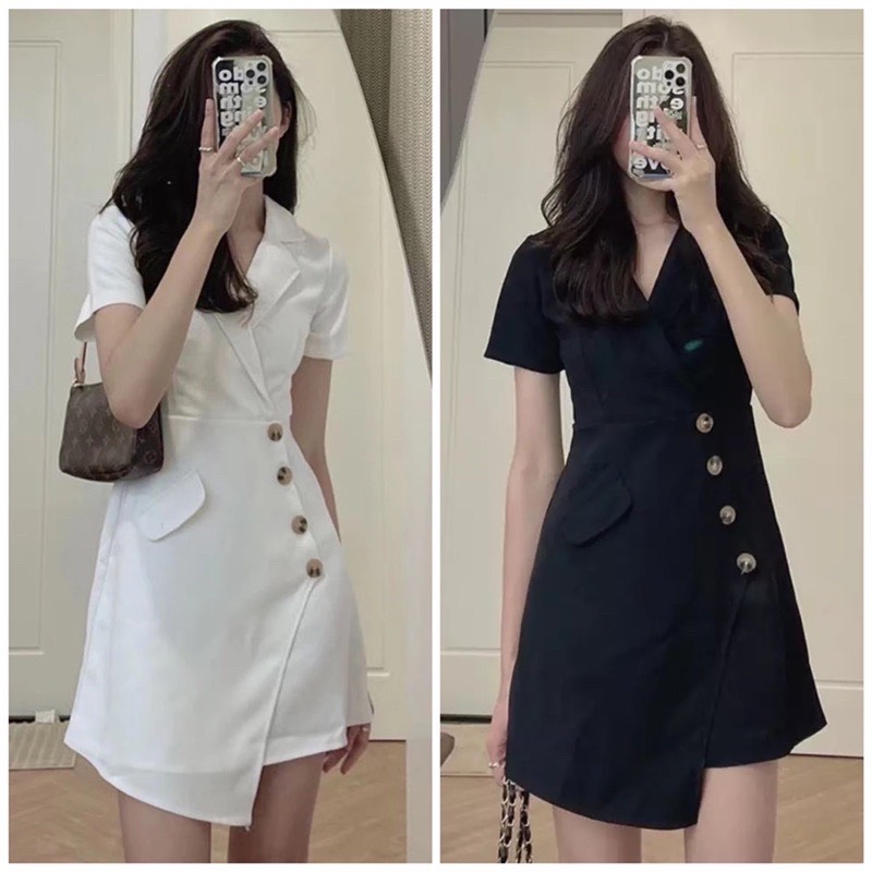 Đầm công sở cổ V phối nút, váy dự tiệc Hàn Quốc nữ trẻ trung, chất liệu mềm mịn cao cấp