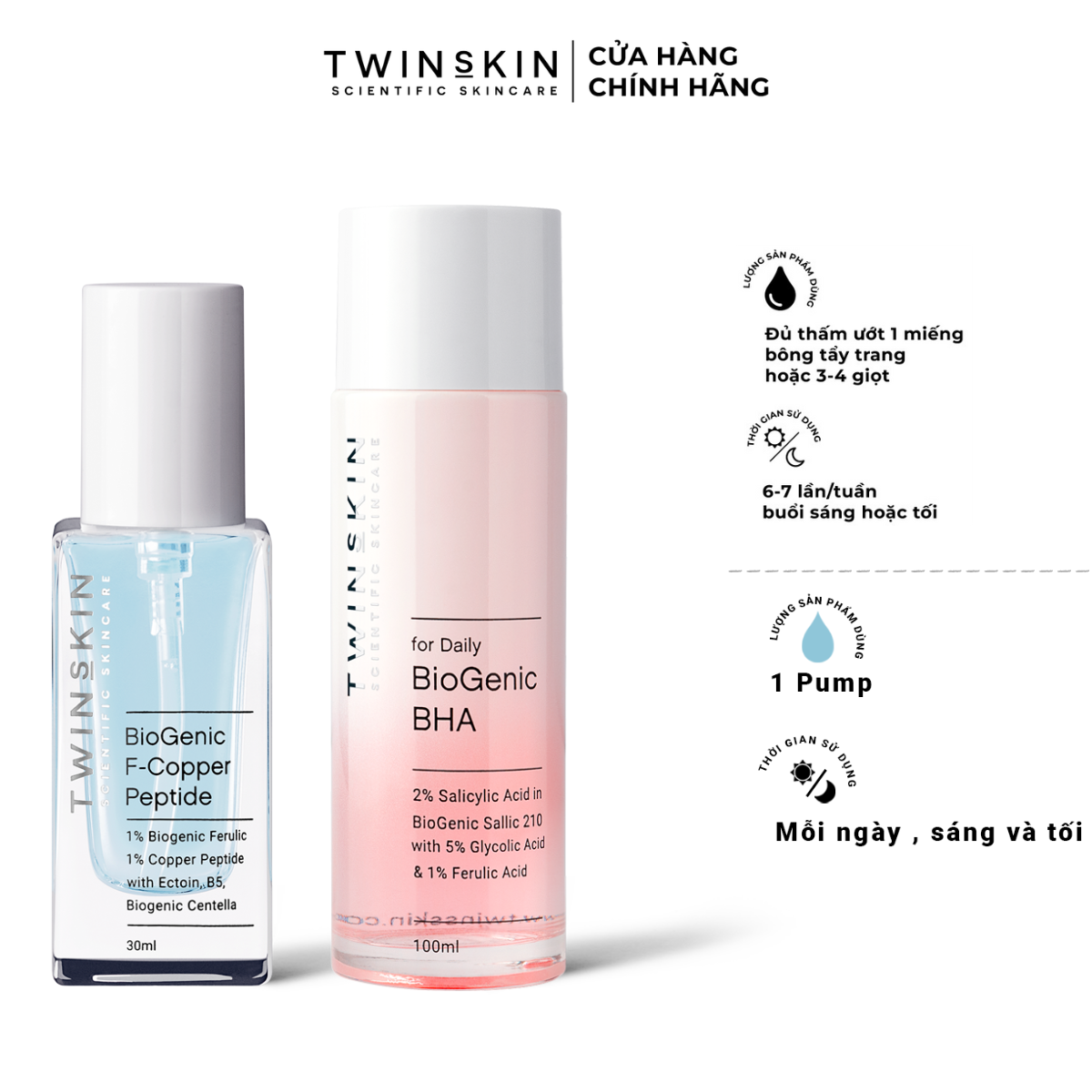 MỊN MƯỚT Combo tẩy da chết phục hồi chuyên sâu - BIOGENIC F.COPPER PEPTIDE 30ml + BIOGENIC BHA FOR DAILY 100ml