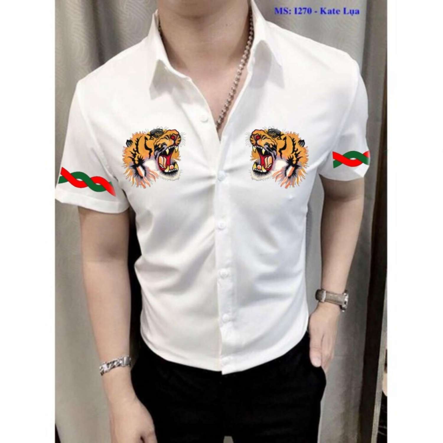 Áo sơ mi nam ngắn tay phối hổ ở ngực ngầu bá cháy