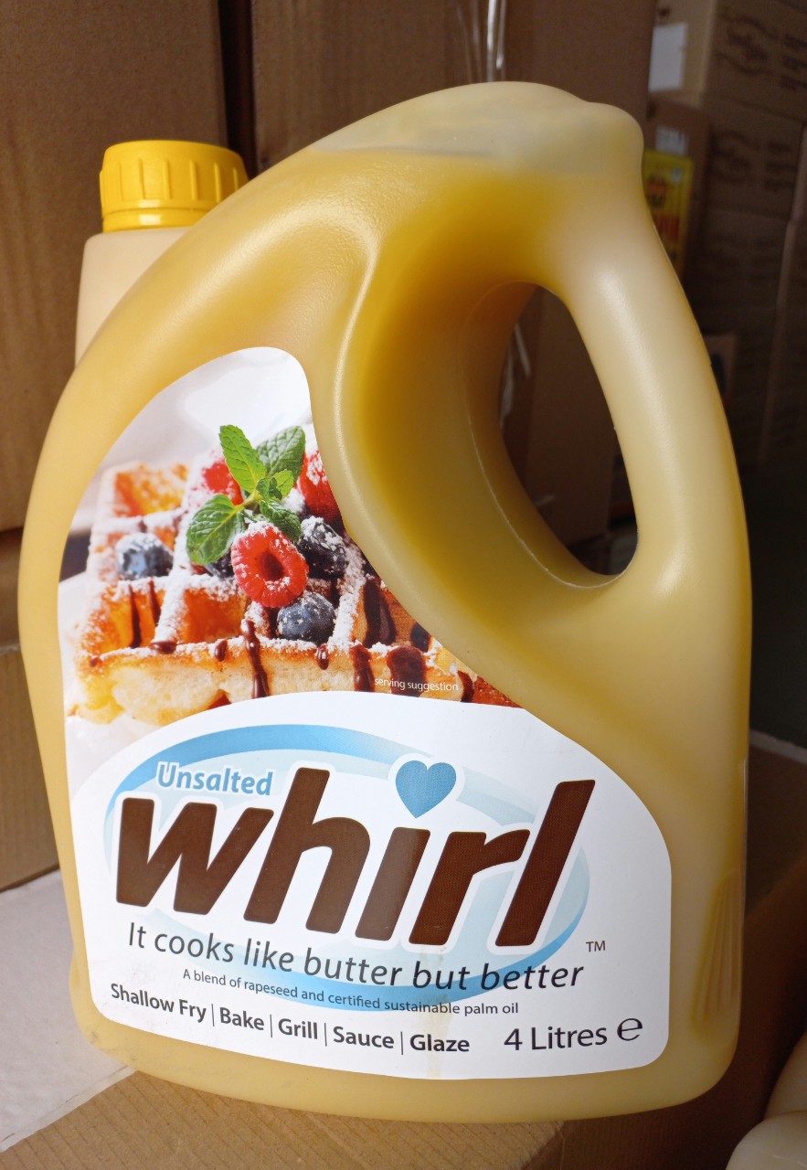 Can 4L Bơ lạt thực vật dạng lỏng Unsalt Whirl nhập khẩu Anh quốc làm 0bánh, chế biến thực phẩm ngon, tiện lợi