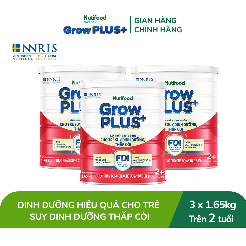 Combo 3 Sữa bột Nutifood GrowPLUS+ Suy Dinh Dưỡng (Đỏ) 2+ - Hỗ trợ tăng cân, tăng chiều cao (3 Lon 1,65 Kg)
