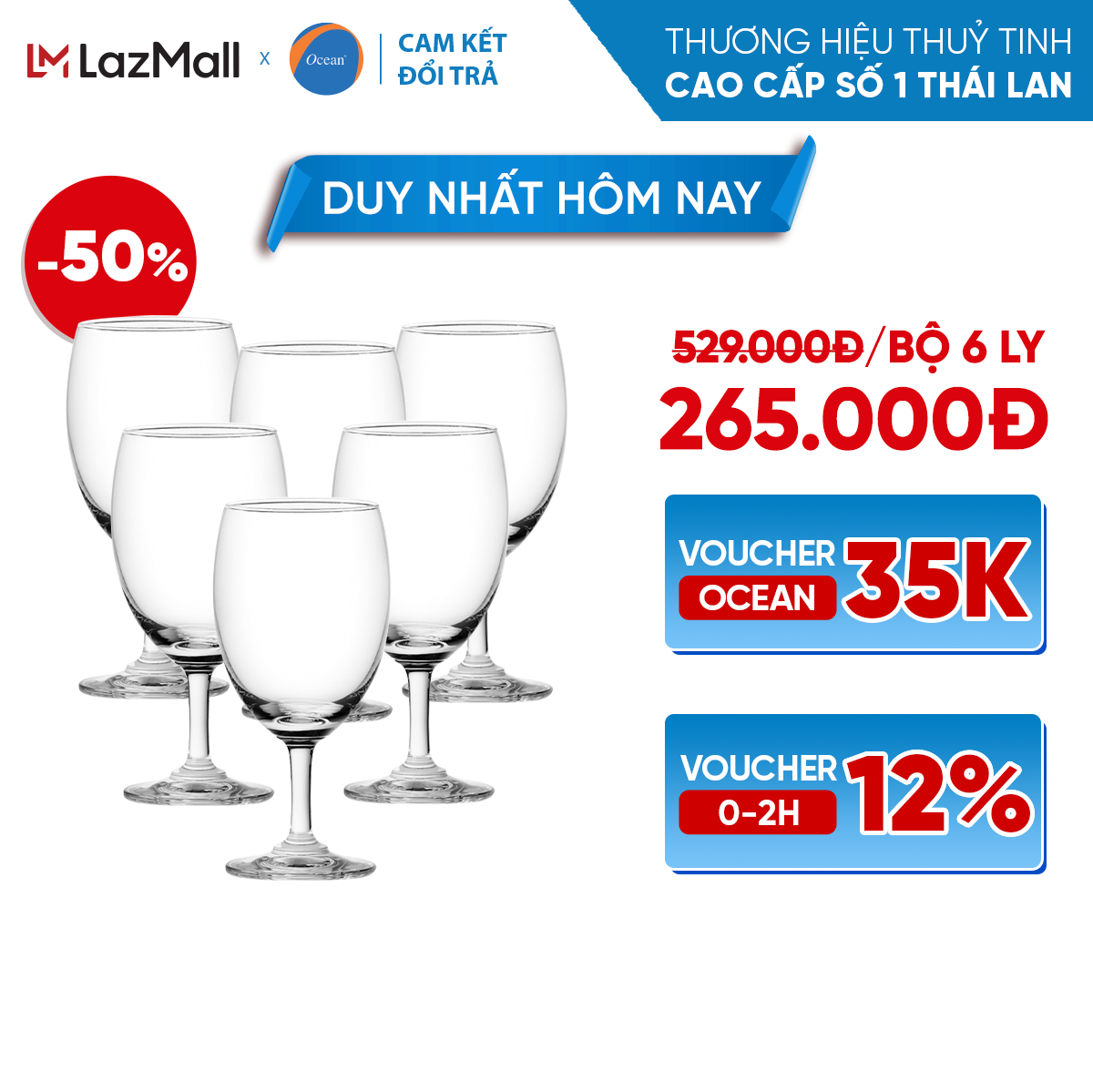 Bộ 6 ly/cốc rượu thủy tinh - ocean classic goblet 350ml - chính hãng
