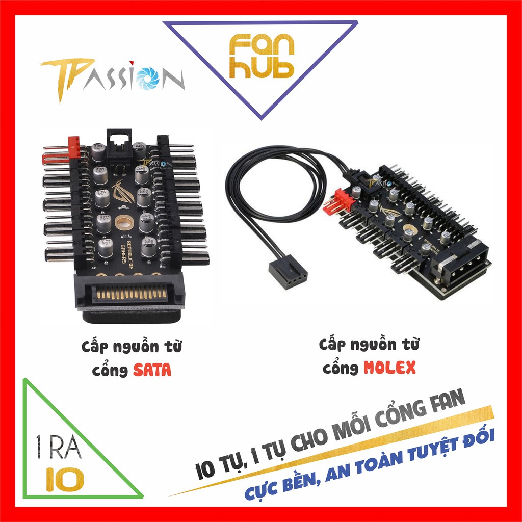 Bộ hub 10 cổng chia fan 4 pin pwm với nguồn cấp điện sata + dây thông báo pwm 40cm - điều tốc 10 tụ bền đẹp an toàn - molex