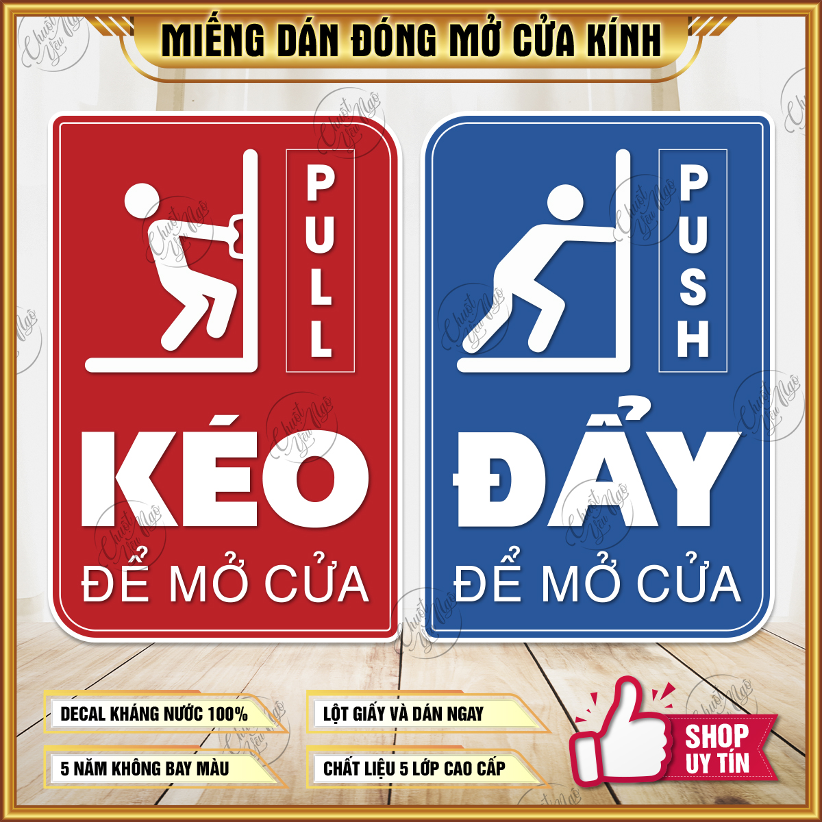 Bộ miếng dán cửa 1 đẩy 1 kéo pull push XANH ĐỎ dám cửa kính hướng dẫn mở cửa