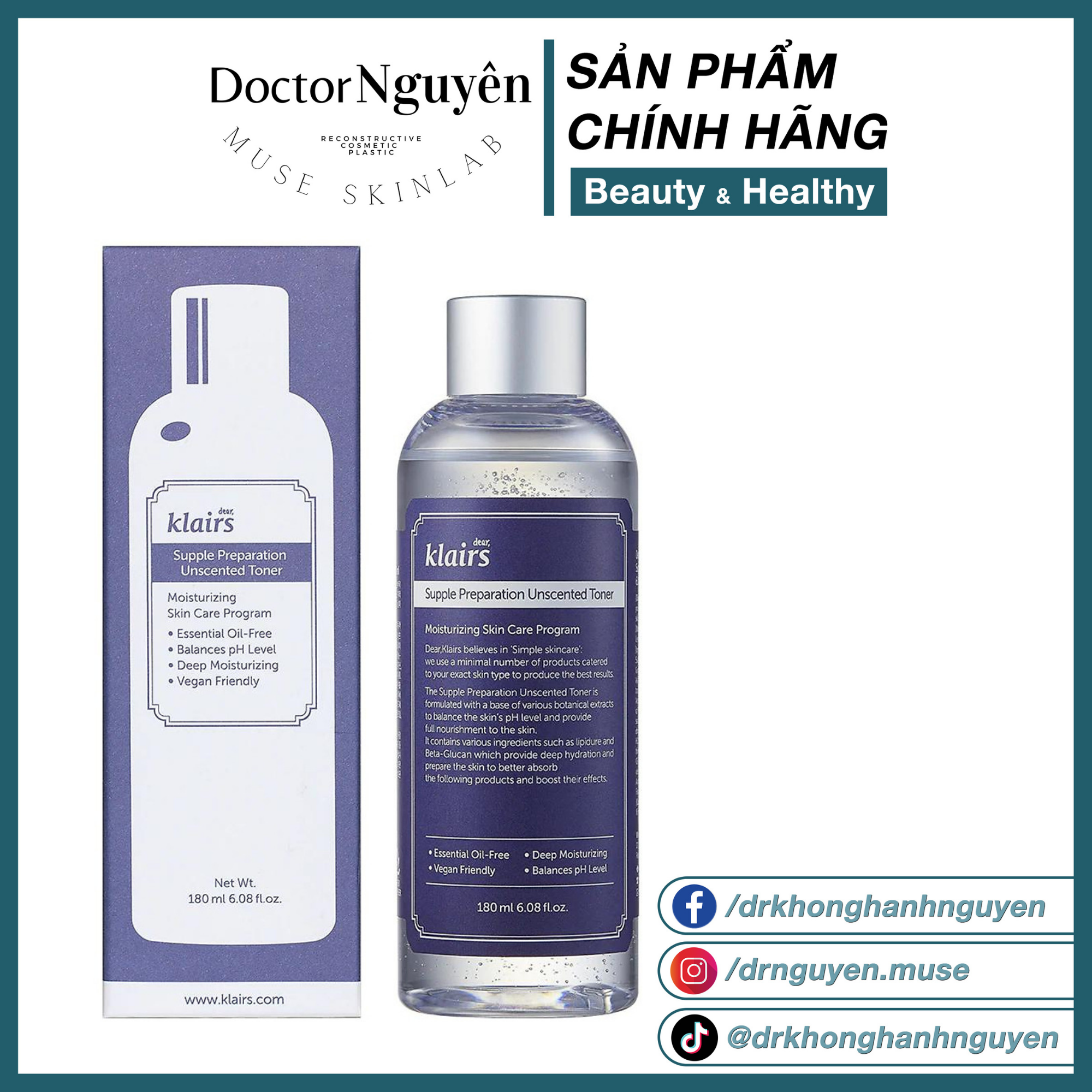[HÀNG NHẬP KHẨU] Nước Hoa Hồng Không Mùi Dear Klairs Supple Preparation Unscented - Dưỡng Ẩm Da Và Làm Mềm Da (180ML)