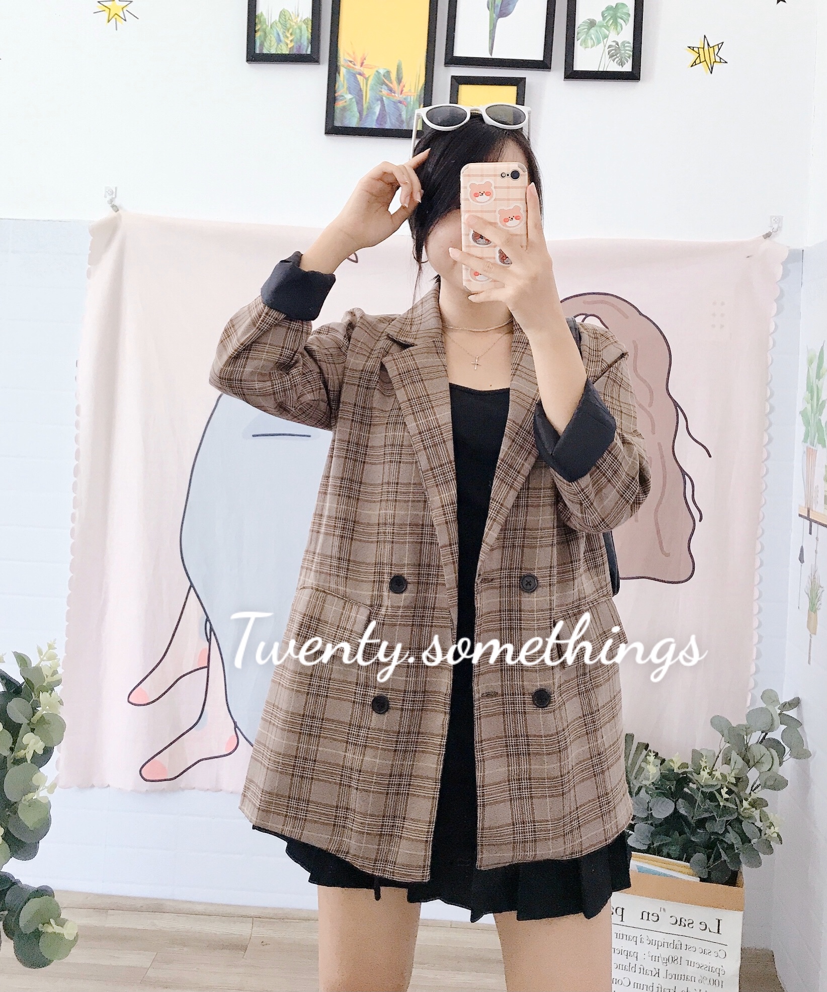 ÁO BLAZER KẺ NÂU VINTAGE 2 LỚP ( ảnh thật/ video/ sẵn)