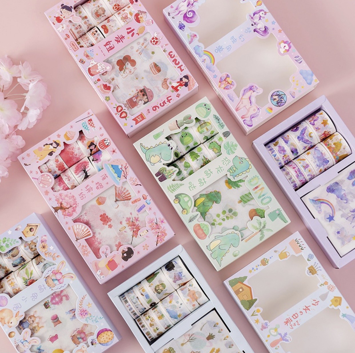 Băng keo dán washi tape đáng yêu hộp 10 cuộn kèm 10 miếng sticker