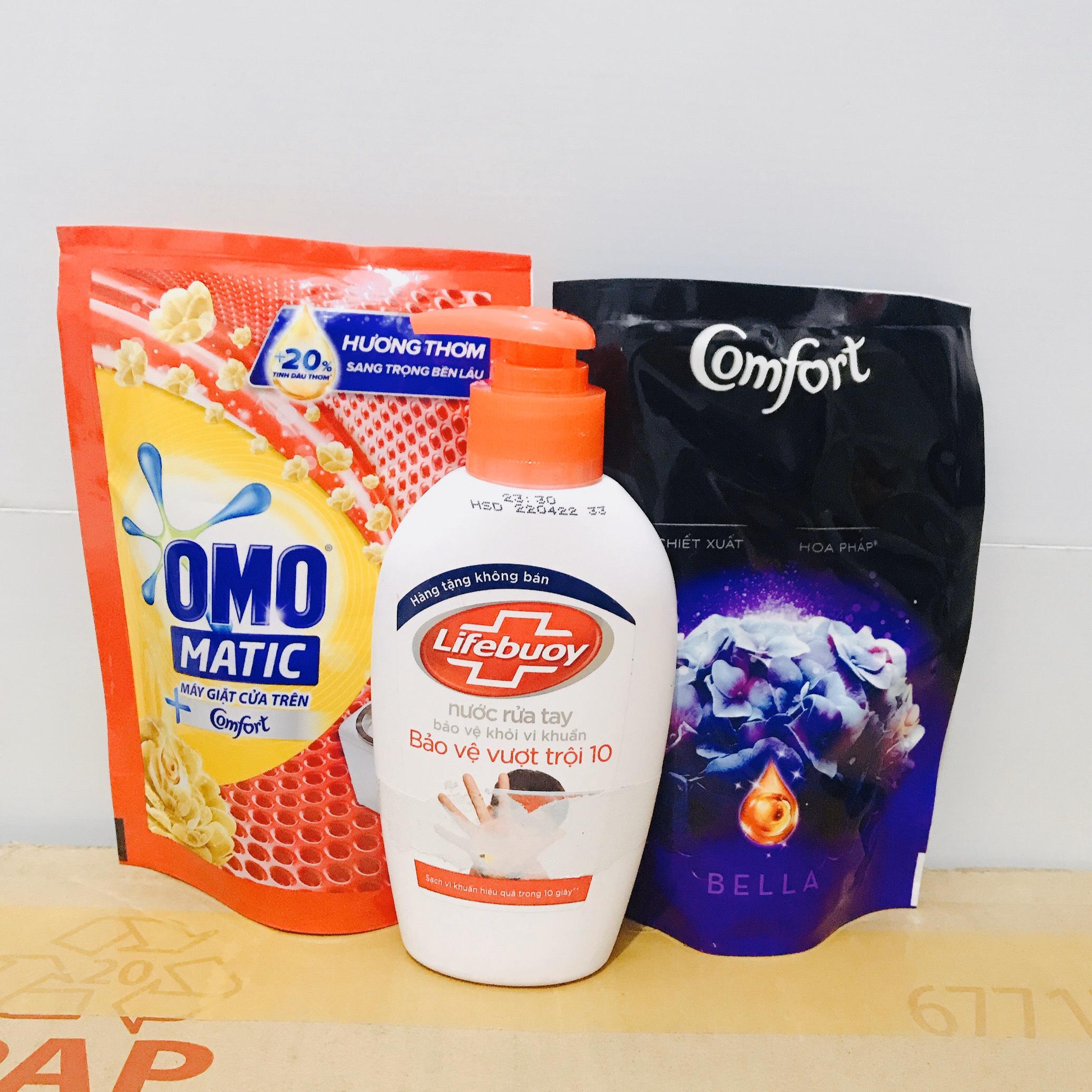 [HCM]Mua trọn bộ 3 món tiện ích - tặng 10 gói sữa tắm dâu tằm 6g :  1túi nước giặt omo 150g + 1túi nước xả comfor 120ml + 1 chai nước rửa tay lifebouy 120ml