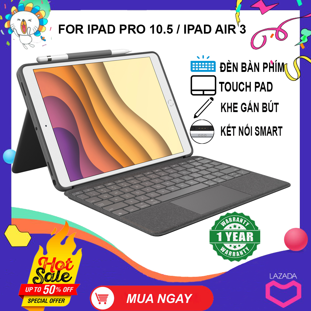 [HCM]Bao da kèm bàn phím Logitech Combo Touch Cho Ipad Pro 10.5 iPad Air 3 Có Đèn bàn phím Khe gắn bút cảm ứng Kết nối Smart Connector - Hàng chính hãng bảo hành 1 năm