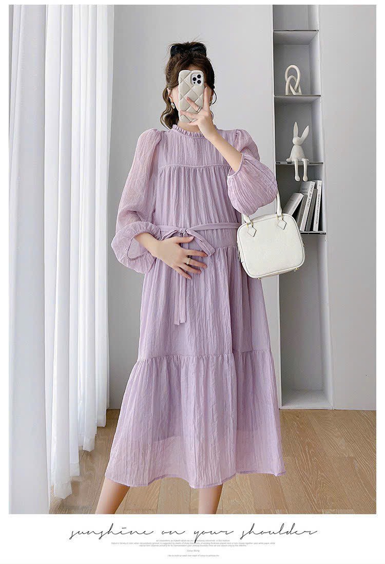 Váy bầu yếm thu đông công sở tay lỡ có cổ thiết kế lịch sự dễ thương đầm bầu đi làm dự tiệc