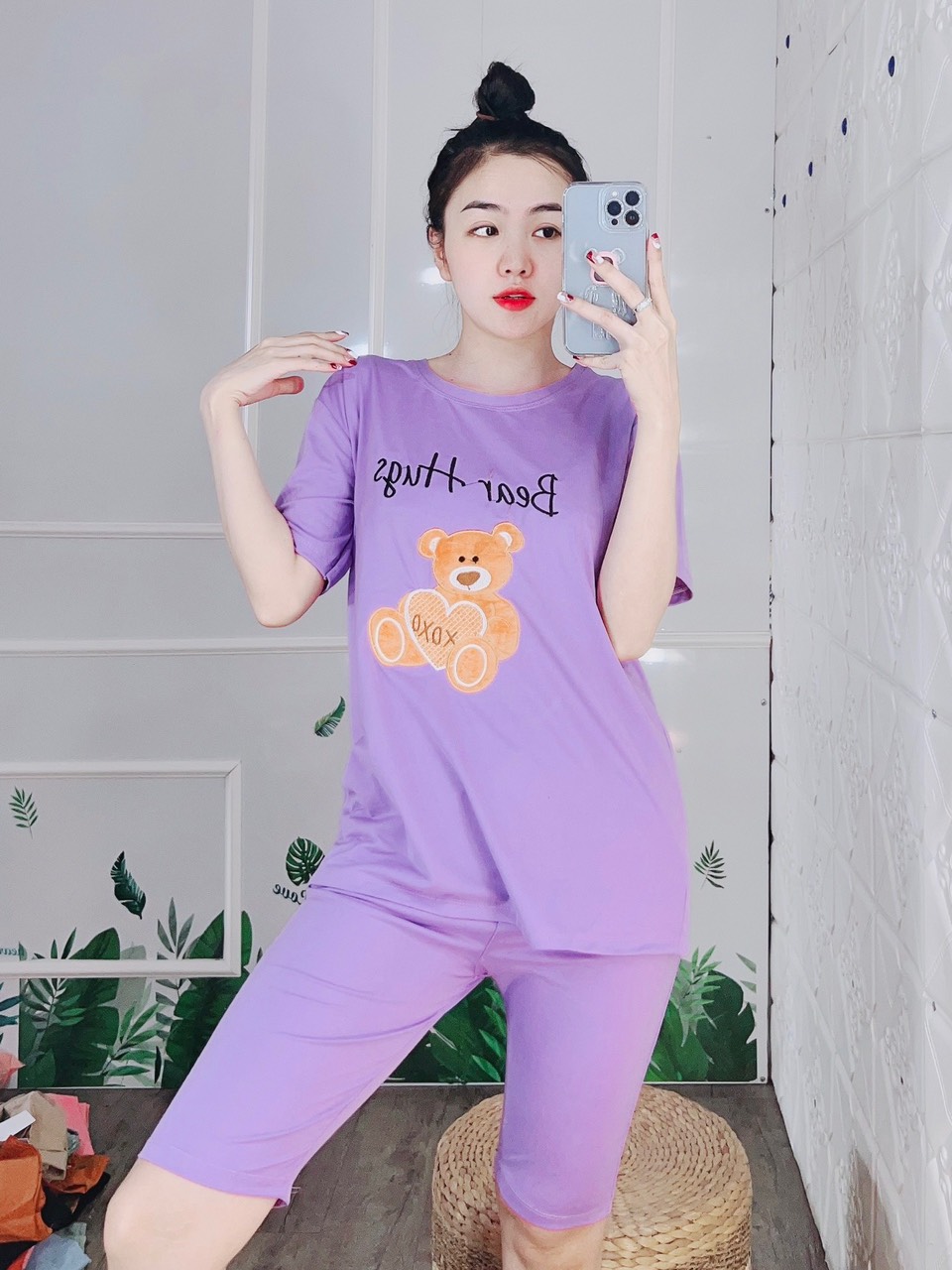 Đồ bộ nữ, đồ bộ mặc nhà, bộ bigsize nữ, đồ bộ thun, set bộ cotton trumsi ql01 lửng gâu bear hugs