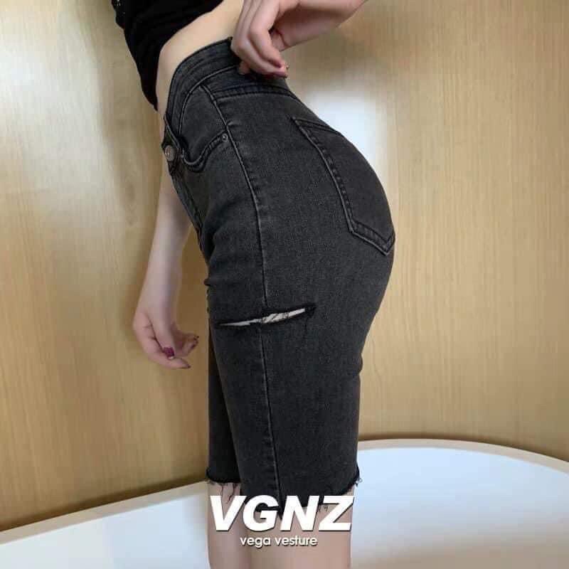 Quần ngố jeans nữ, bigsize, quần jeans lưng cao , quần ngố jeans co giãn, xám rách 1 gối