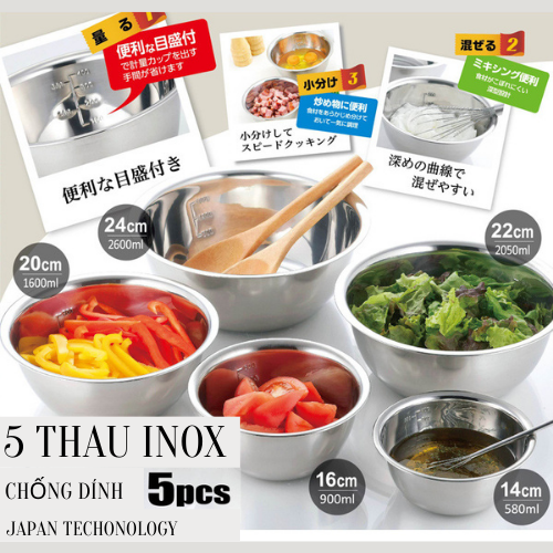 Bộ 5 món thau inox trộn salad nhật bản thau rửa rau củ quả hàng chất lượng size 14cm/16cm/20cm/22cm/24cm - bộ thau chậu inox nhà bếp 5 món bằng inox