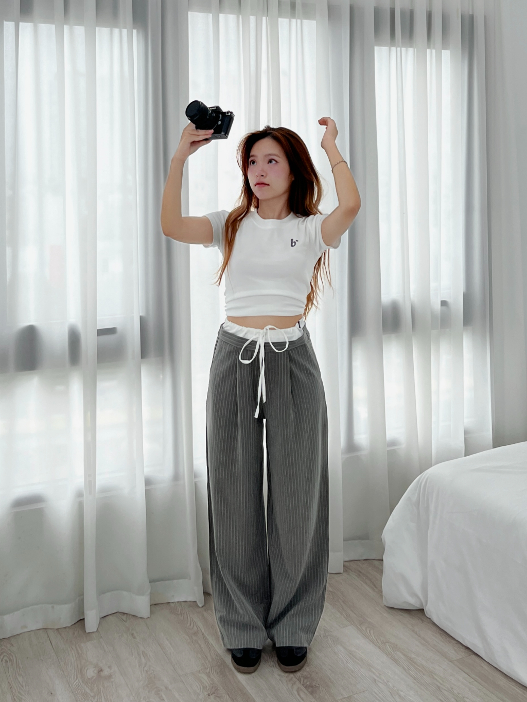 Quần dài kẻ sọc phối cạp chun trắng ống rộng wide striped pants 𝑩𝒚𝒄𝒂𝒎𝒄𝒂𝒎