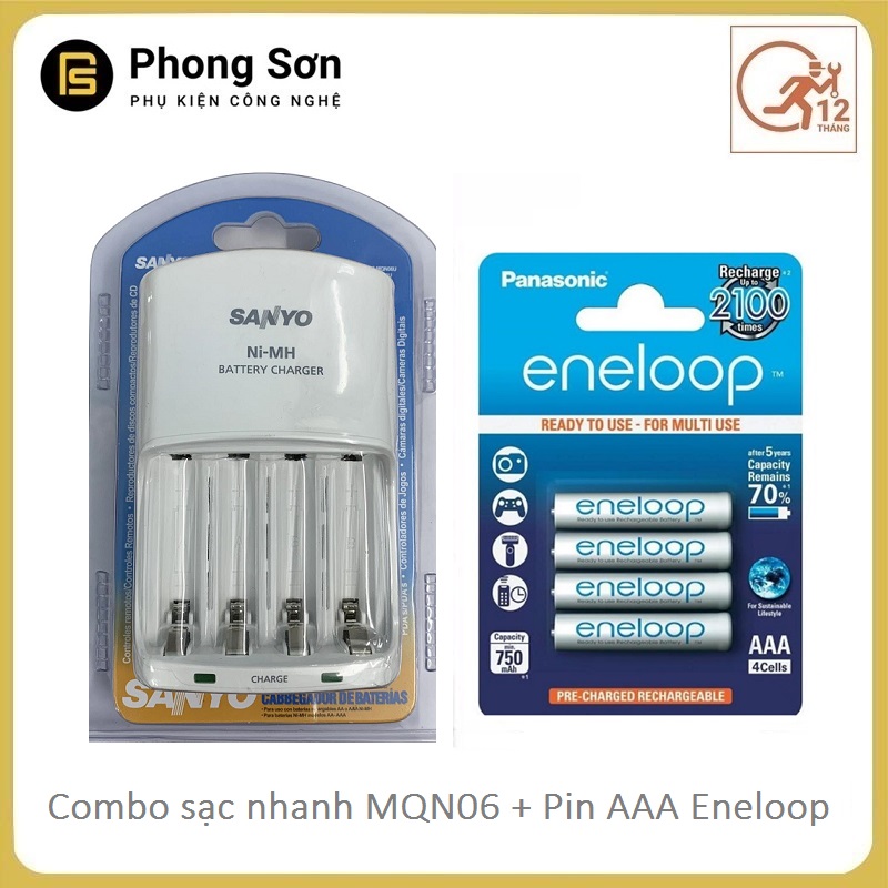 Bộ sạc pin AA AAA nhanh MQN06 Sanyo , Đầy tự ngắt , Kèm 4 viên Pin sạc AAA Panasonic Eneloop ( Màu trắng )