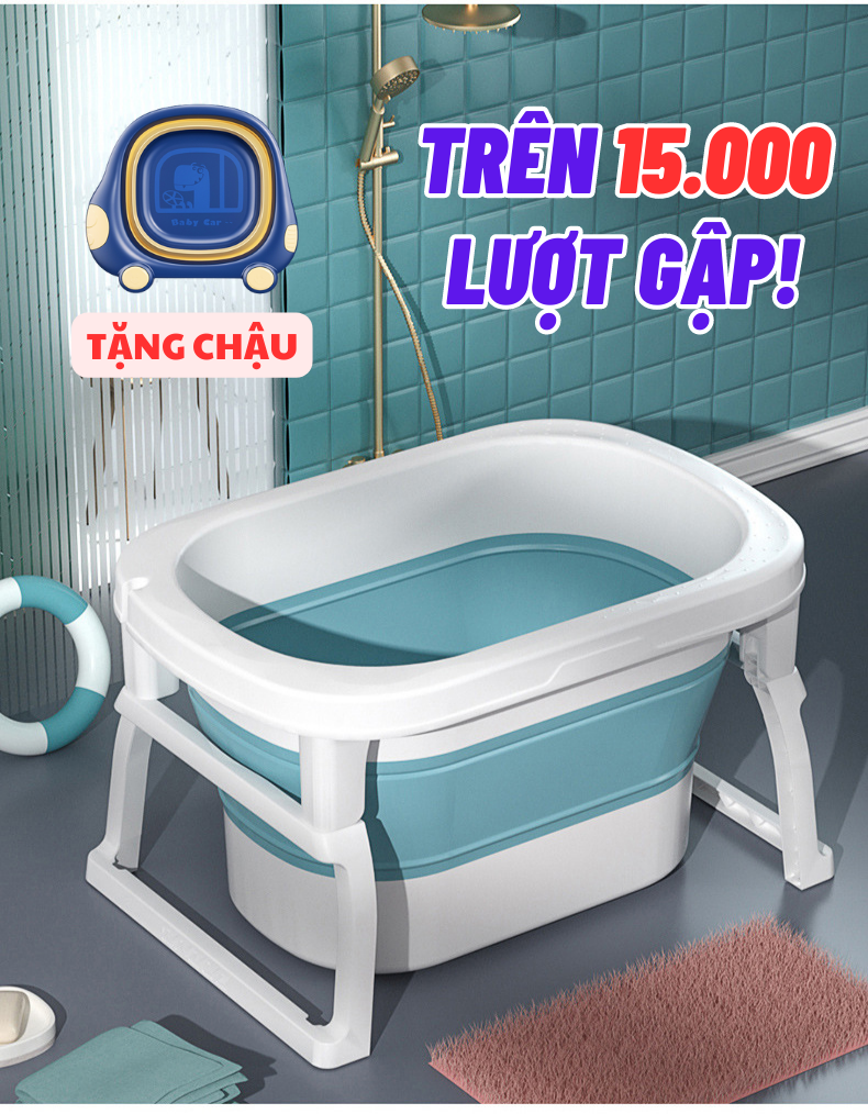 Thau tắm bồn tắm chậu tắm cho bé gấp gọn, silicon siêu dày, dùng từ 0-10 tuổi có 2 nấc tắm, có rãnh cắm vòi sen tiện lợi cho bé TẶNG chậu rửa mặt CUTE