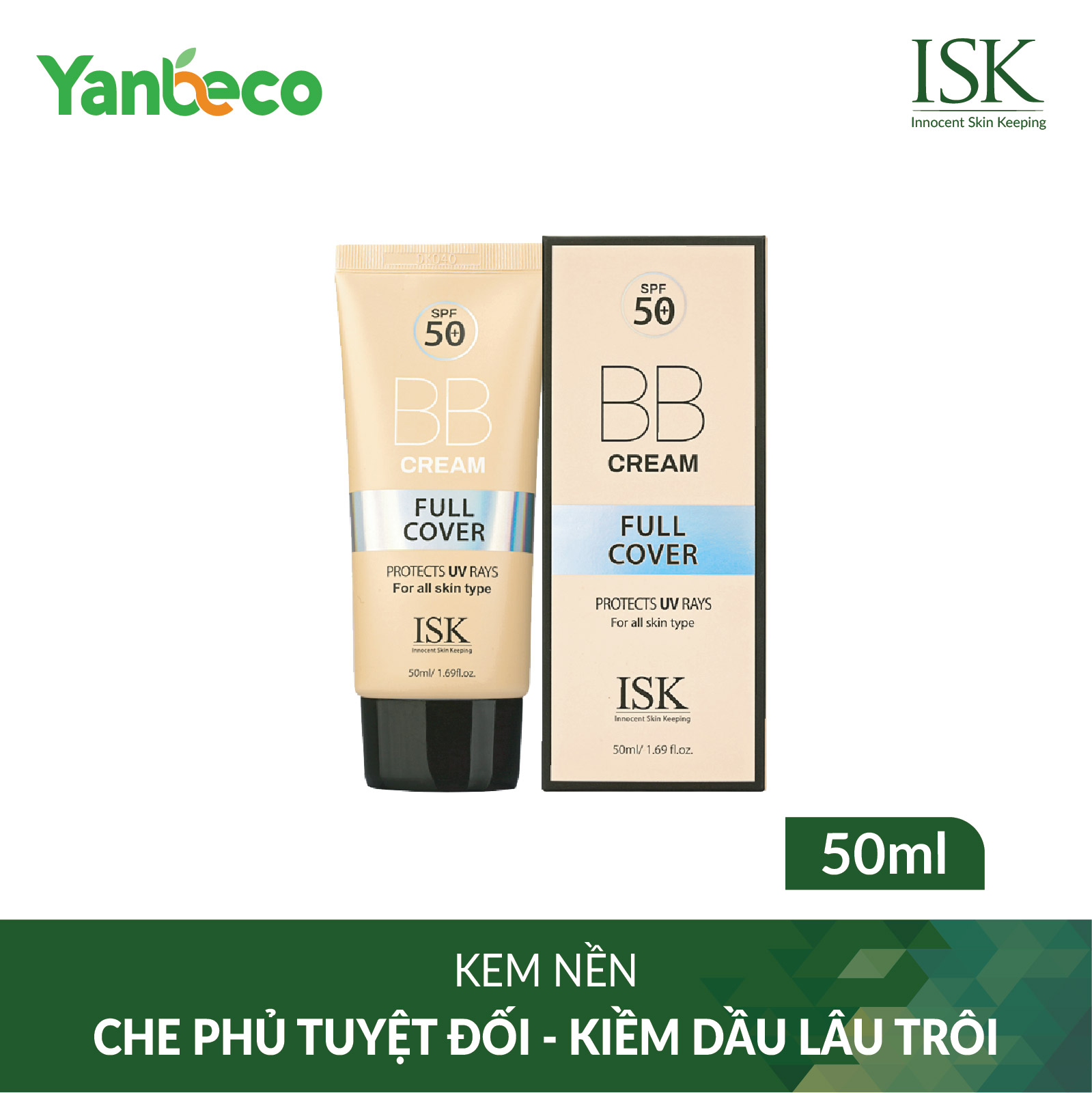 Kem nền trang điểm chống nắng ISK Full Cover BB Cream SPF 50+/PA+++ 45ml - Hàn Quốc Chính Hãng