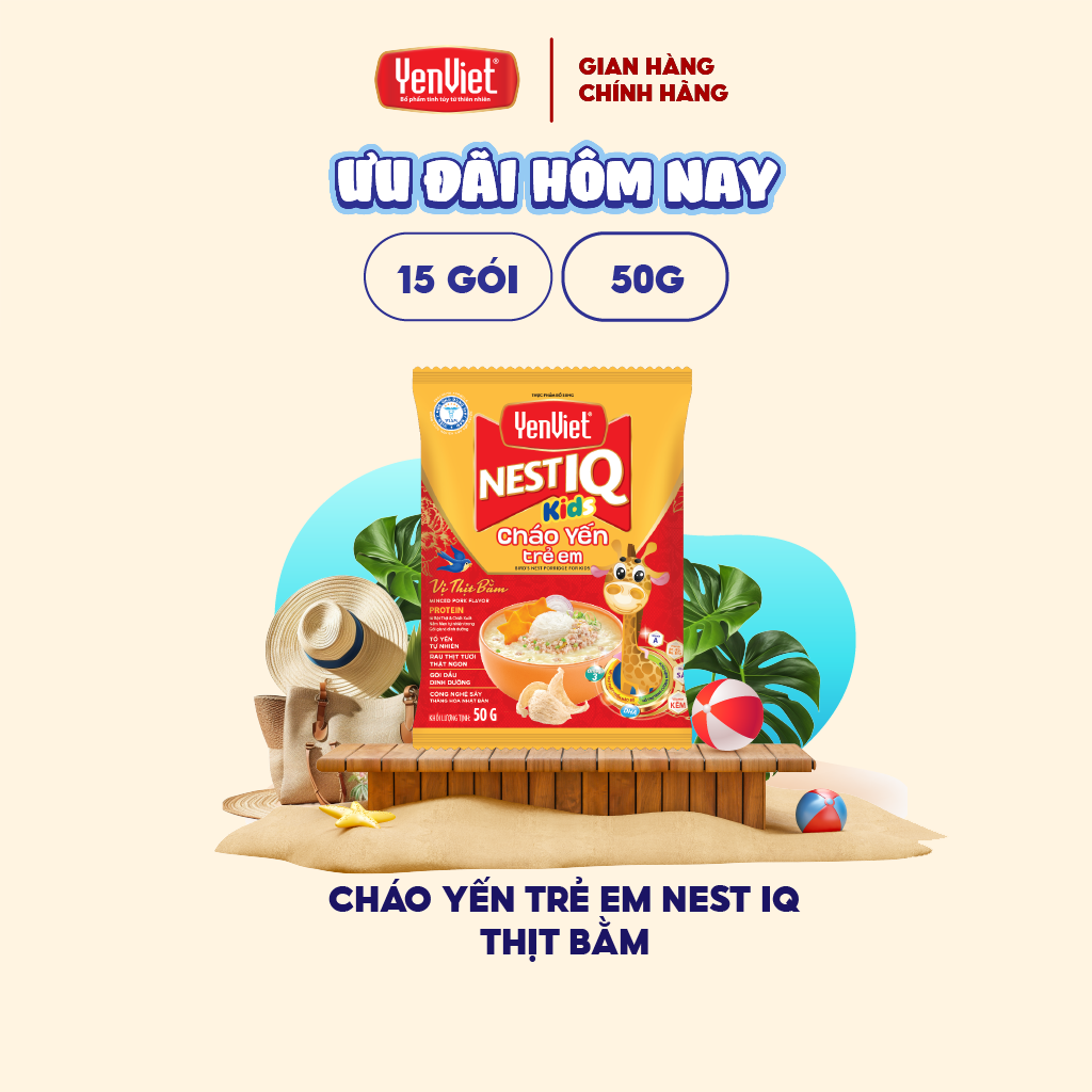 Cháo yến trẻ em Nest IQ sườn hầm bí đỏ/ vị thịt bằm Yến Việt, công thức độc quyền Viện VIAM, bổ sung Omega 3, DHA thùng 30 góix 50g