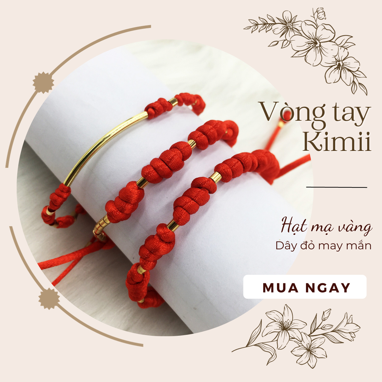 Vòng tay chỉ đỏ may mắn đính hạt mạ vàng Vòng tay Kimii