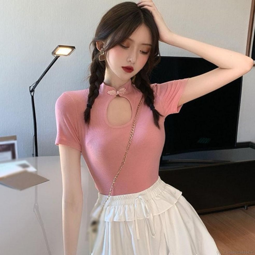 Áo thun dệt kim cổ giọt nước phối nút tàu siêu xinh