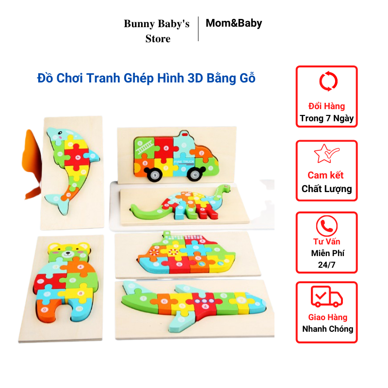 Đồ Chơi Cho Bé, Bộ Tranh Ghép Hình 3D Theo Số Đếm Bằng Gỗ An Toàn cho Bé - BunnyBabyStore