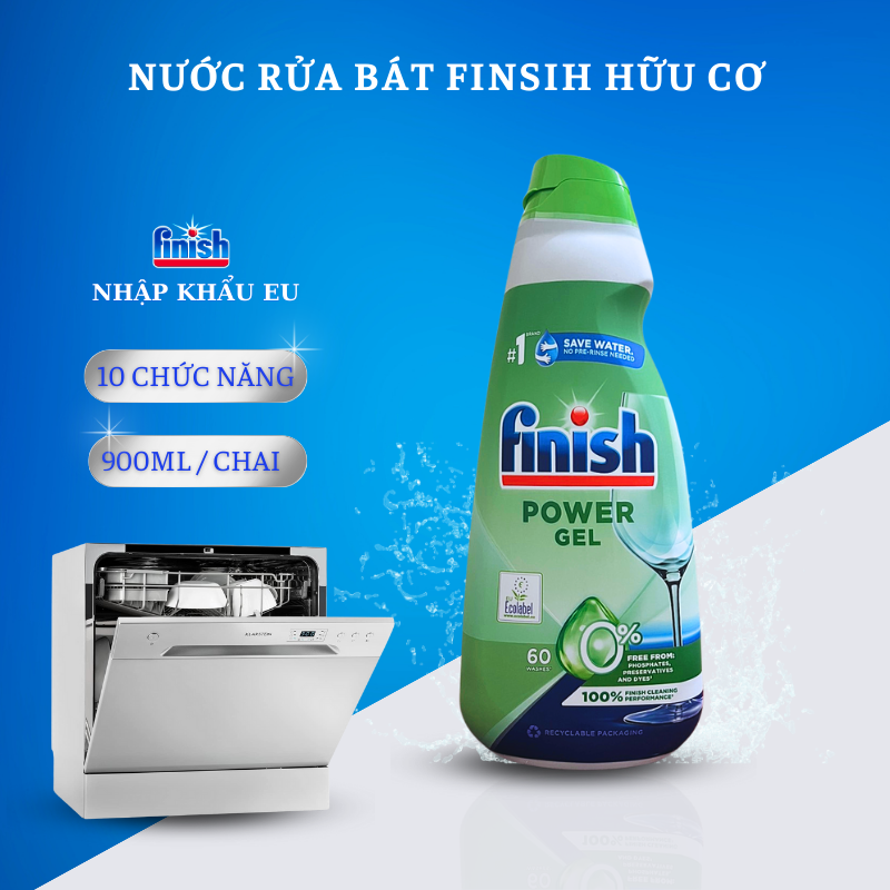 Nước rửa bát Finish hữu cơ Eco 0% 900 ml không mùi an toàn cho sức khỏe nhập khẩu Châu Âu
