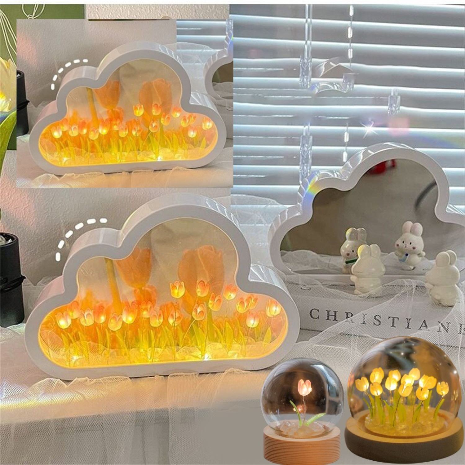 Kèm túi Đèn ngủ Hình đám mây Hoa Tulip Gương Trang Điểm 2 Trong 1 Để Bàn