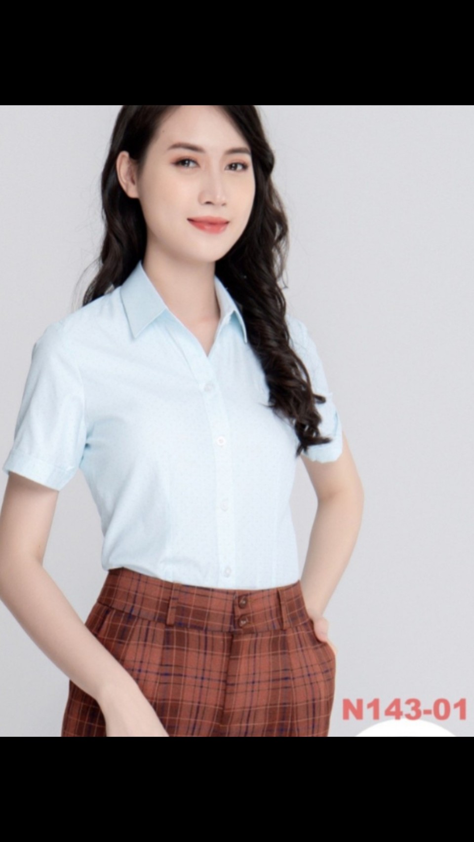 áo sơ mi nữ Thái Hòa mã 143 họa tiết hoa nhí vải sợi tre màu xanh và tím