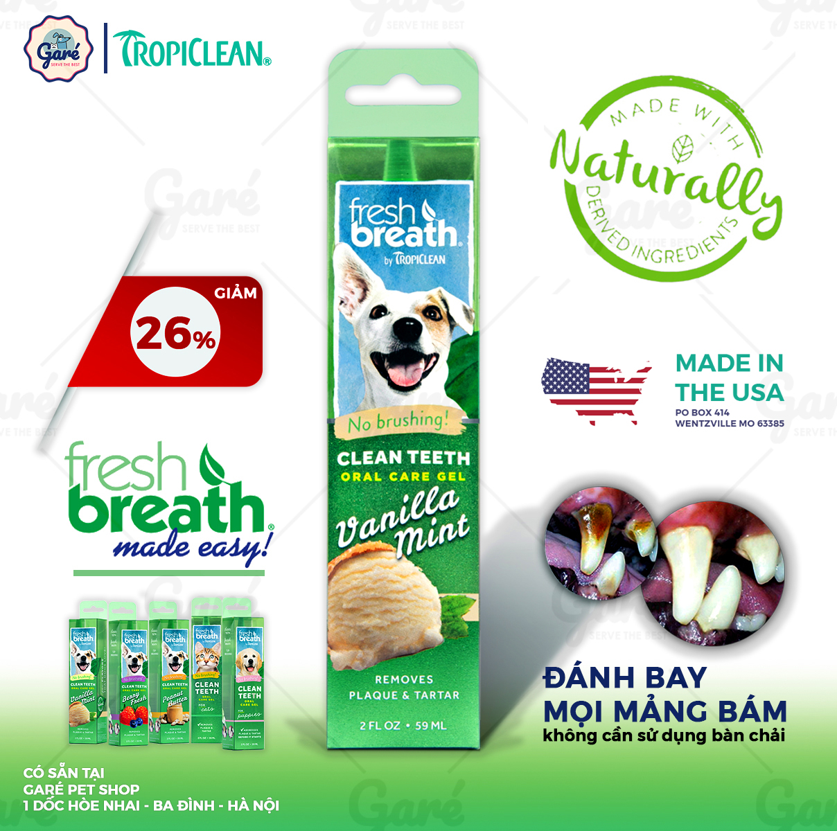 GEL CHỐNG MẢNG BÁM CAO RĂNG MÙI HÔI MIỆNG CHO CHÓ, MÈO VỊ VANI, BẠC HÀ - TropiClean Fresh Breath Clean Teeth Vanilla Mint Oral Care Gel