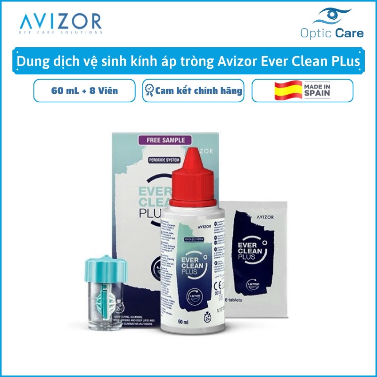 Dung dịch vệ sinh và khử khuẩn kính áp tròng Avizor Ever Clean Plus 60ml + 8 viên