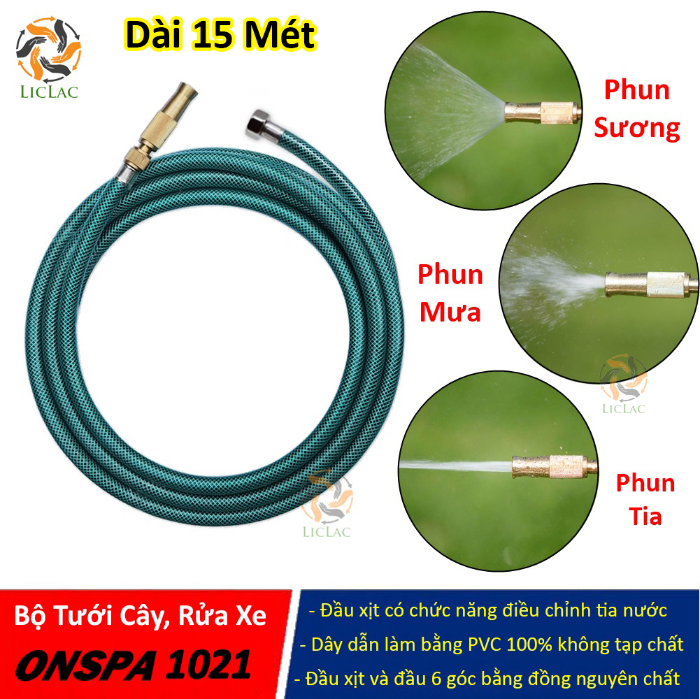 Bộ vòi xịt tưới cây, rửa xe ONSPA 1021 dài 15m hàng Việt Nam chất lượng cao, Bộ xịt nước Tăng Áp, Phun Sương - LICLAC